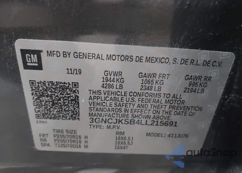 2020 Chevrolet Trax Fwd Ls z USA, uszkodzony, nr VIN 3GNCJKSB4LL215691